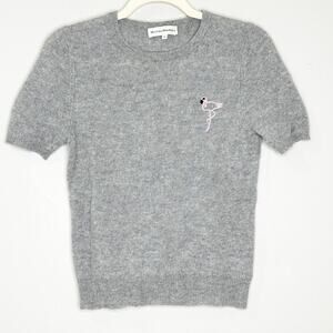 White + Warren Gray Short Sleeve Cashmere Sweater with Pink Embroidered Flamingo